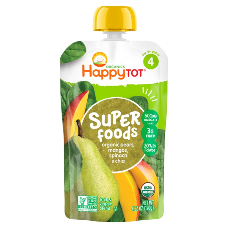 禧贝happy baby有机香梨芒果菠菜奇亚籽果泥120g宝宝2岁+营养辅食