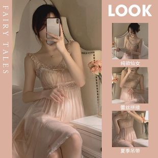 春夏季 性感甜美少女睡裙一字肩纯欲吊带裙公主风睡衣柔软外穿批发