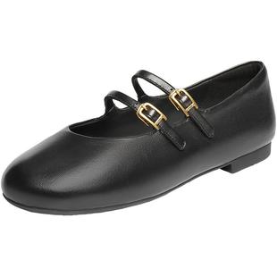 百丽复古羊皮双条带玛丽珍鞋女新款平底浅口单鞋子3H9F1CQ5