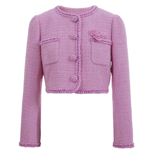 COCOON商场同款少女粉小香风立体花朵粗花呢外套春款