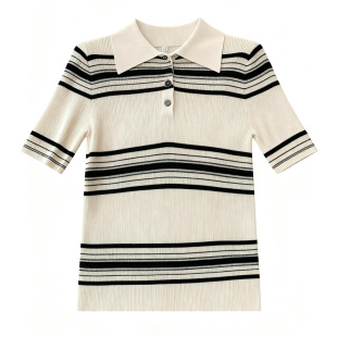 夏装女款2026年新款针织短袖t恤法式撞色条纹polo衫修身显瘦上衣