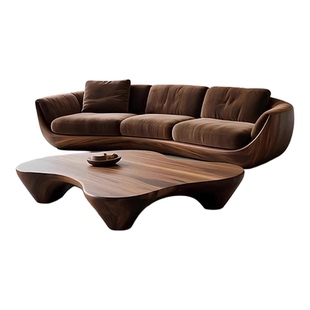 意式轻奢实木沙发客厅高端直排北美黑胡桃木异形布艺沙发别墅沙发