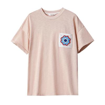 Amii2025夏新款极简女装圆领套头宽松竹节棉织花口袋T恤女