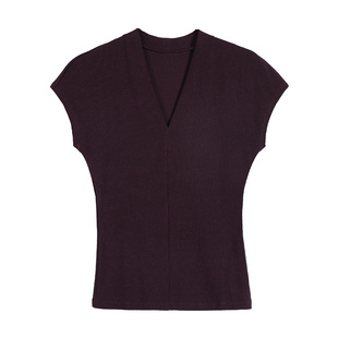 pusumede 黑色简约v领短袖t恤女夏季修身气质显瘦短款小飞袖上衣