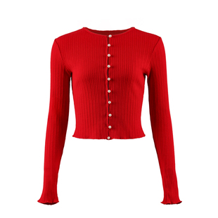 Lily Rose野玫瑰 法式复古珍珠镂空针织开衫女修身显瘦长袖上衣