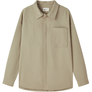 流石男装高级感竖条纹衬衫外套2026年秋季新款男士卡其色宽松夹克