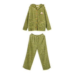 FishHome原创半边绒牛油果绿连帽条纹加厚加绒家居服套装2025冬