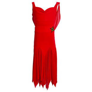 新款红色桃心镂空时尚碎边摆修身赠手套礼服拉丁舞洋气晚装表演服