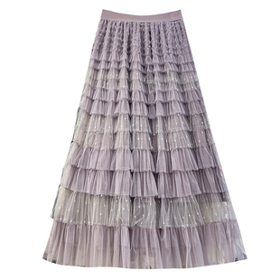 绝美好看紫色层层网纱半身裙女秋冬2026新款蛋糕裙长裙半裙纱裙子