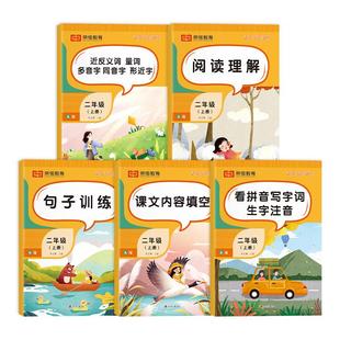 二年级上册语文专项训练全5册小学阅读理解看拼音写词语仿写字词造句近义词反义词标点符号课文内容填空量词多音字同音字生字注音