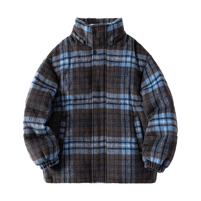 90白鸭绒毛呢格子防寒面包羽绒服