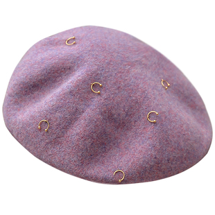 紫色幽情钉珠贝雷帽加厚纯羊毛高端女士秋冬时尚文艺唯美画家帽子