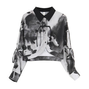 西町村屋新中式长袖衬衫女春季新款国风感蝴蝶印花衬衣AA9103014