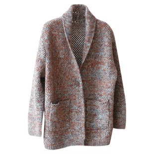 重磅560g+浣熊绒夹花编织感针织开衫青果领毛衣外套小香风宽松女