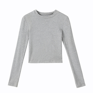 欧美风修身磨毛长袖短款打底衫内搭紧身露脐高腰美式秋冬t恤女ins