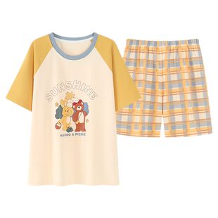 浪莎纯棉睡衣女款夏季短袖短裤大码女生卡通可爱可外穿家居服套装