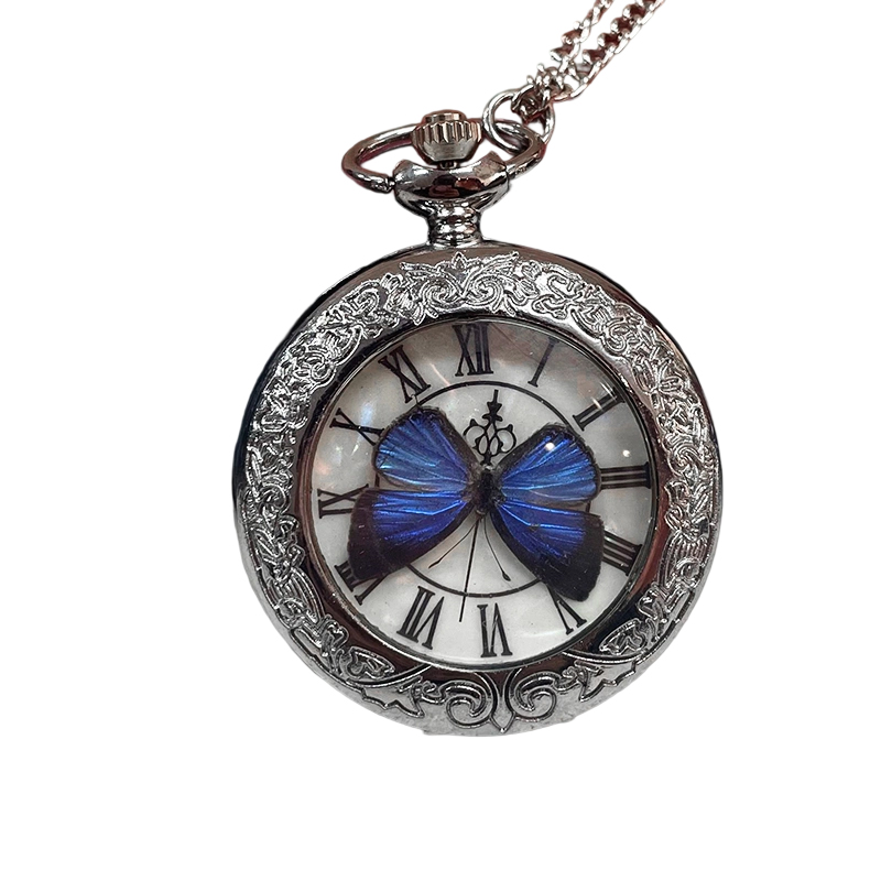 手工蝴蝶标本可动怀表蓝色雅灰蝶收藏品装饰手工创意礼品蝴蝶挂件