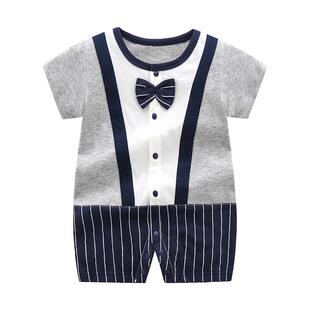 绅士领结短袖男宝宝包屁衣服婴儿短袖哈衣夏装连体衣百天礼服薄款