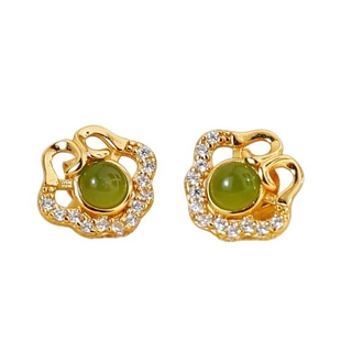 925银镀金如意和田玉碧玉耳钉古风玉石耳环耳饰送女友礼物