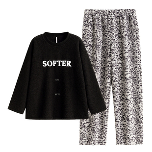 悦内睡衣女款秋冬款冬季珊瑚绒加绒加厚法兰绒保暖家居服圆领套头