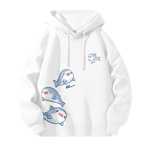 回力连帽卫衣男春季2025新款卡通鲨鱼青少年初中生重磅白色衣服Y