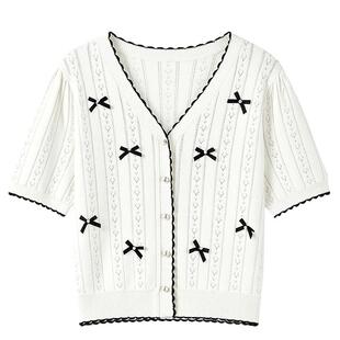 秋水伊人时尚短款V领针织开衫2026年春季新款女休闲撞色包边上衣