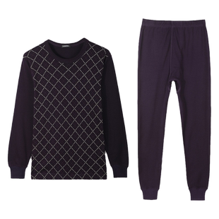 雪竹内衣中老年秋冬圆领秋衣秋裤男士套装棉中厚印花棉毛衫22883