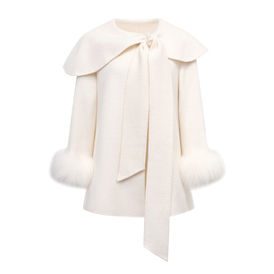 RECIT 白色100%羊毛双面大衣女冬季蝴蝶结搭片毛毛袖短款毛呢外套