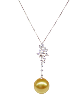 挚彩珠宝设计款金珍珠单颗吊坠耳环正圆首饰套装金色毛衣链长款女