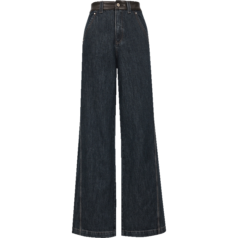 ONLY2025冬季新款纯棉复古原色水洗PU拼接高腰宽松直筒裤牛仔裤女