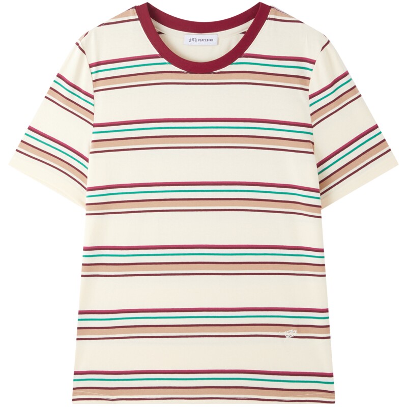 太平鸟复古撞色彩色条纹短袖T恤26夏新款正肩圆领松弛感休闲上衣