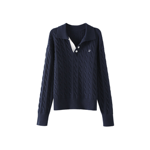 OSA欧莎复古学院风翻领麻花毛衣女2025冬新款质感内搭针织衫上衣