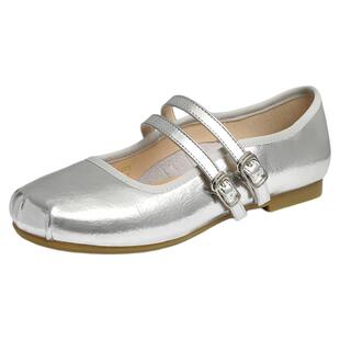 红蜻蜓芭蕾单鞋女春季新款女鞋软底舒适平底皮鞋女款银色玛丽珍鞋