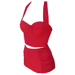欧美比基尼泳衣女 C/D罩杯钢托聚拢保守遮肚显瘦高腰分体泳衣大码
