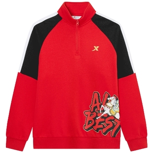 福燈贺岁|特步童装男童立领印花加绒红色卫衣新年儿童拜年服上衣