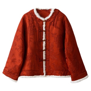 丝艺 复古高定中国红提花冠乐绉貂毛夹棉外套女新中式棉服棉衣冬