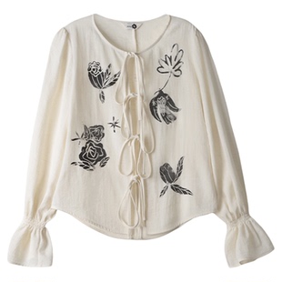 有耳uare原创设计 飞鸟与玫瑰 亚麻混纺水墨晕染印花绑带长袖衬衫