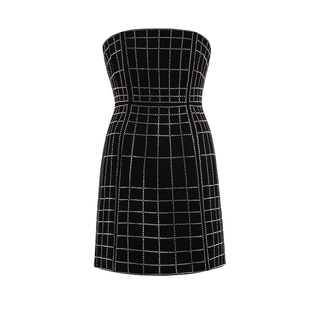 2026抹胸性感黑格子烫钻修身显瘦包臀小黑裙宴会年会晚礼服女短款