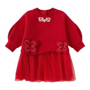 巴拉巴拉婴儿长袖连衣裙女童宝宝公主裙2026红色新年裙子拜年服小