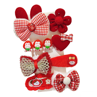 新年红色毛绒儿童发夹前额刘海夹侧边发卡女童碎发小夹子过年头饰