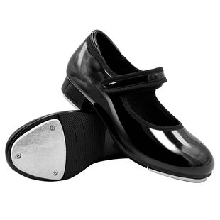 儿童踢踏舞鞋女童黑色软底跳舞鞋亮面免系带魔术扣舞蹈鞋女练功鞋