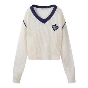 MARDI学院风长袖V领撞色针织衫女百搭短款爱心刺绣毛衣显瘦上衣