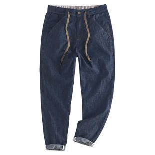 汉絮春夏季弹力棉麻料休闲裤男款松紧腰合体直筒裤子冬装牛仔长裤