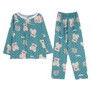 新款防凸点棉绸人造棉睡衣遮胸女士长袖长裤荷叶边甜美家居服套装