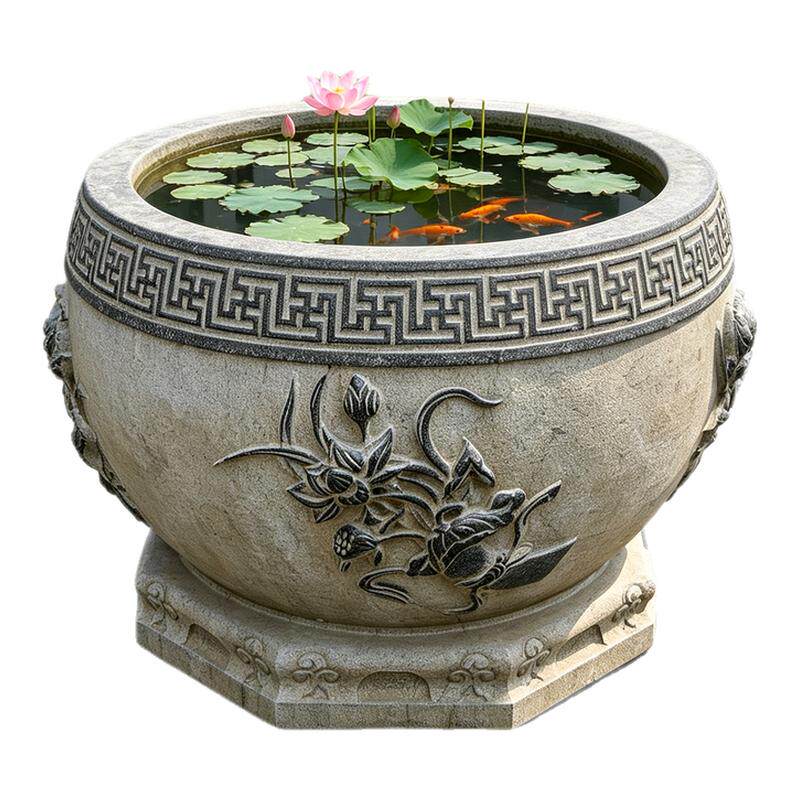 天然青石圆形石雕鱼缸花盆