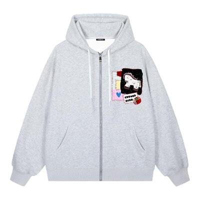 itGROUNDZERO2025秋冬加绒小马情侣款浅灰色拉链连帽长袖卫衣上衣