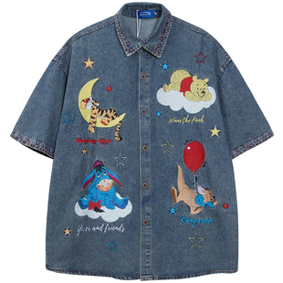 From Mars 想着结果 新款趣味卡通气球小熊牛仔短袖衬衫宽松情侣