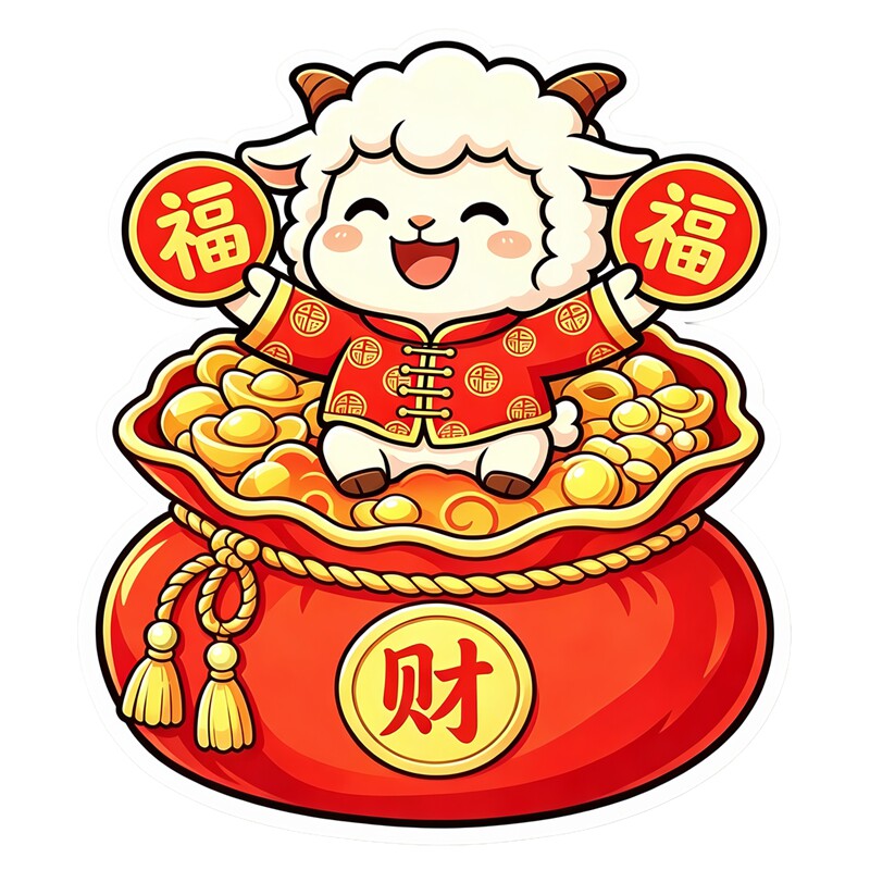 卡通可爱小羊福袋墙贴福字国潮新年招财喜庆趣味防水自粘装饰贴纸