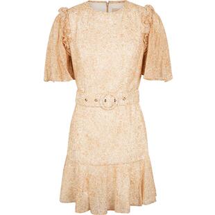 【折扣】KEEPSAKE 黄色碎花木耳边袖口腰带女士短袖连衣裙