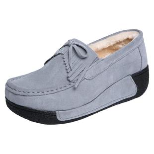 2025秋冬真皮女毛毛鞋松糕底加绒豆豆鞋软底妈妈坡跟棉鞋休闲女鞋